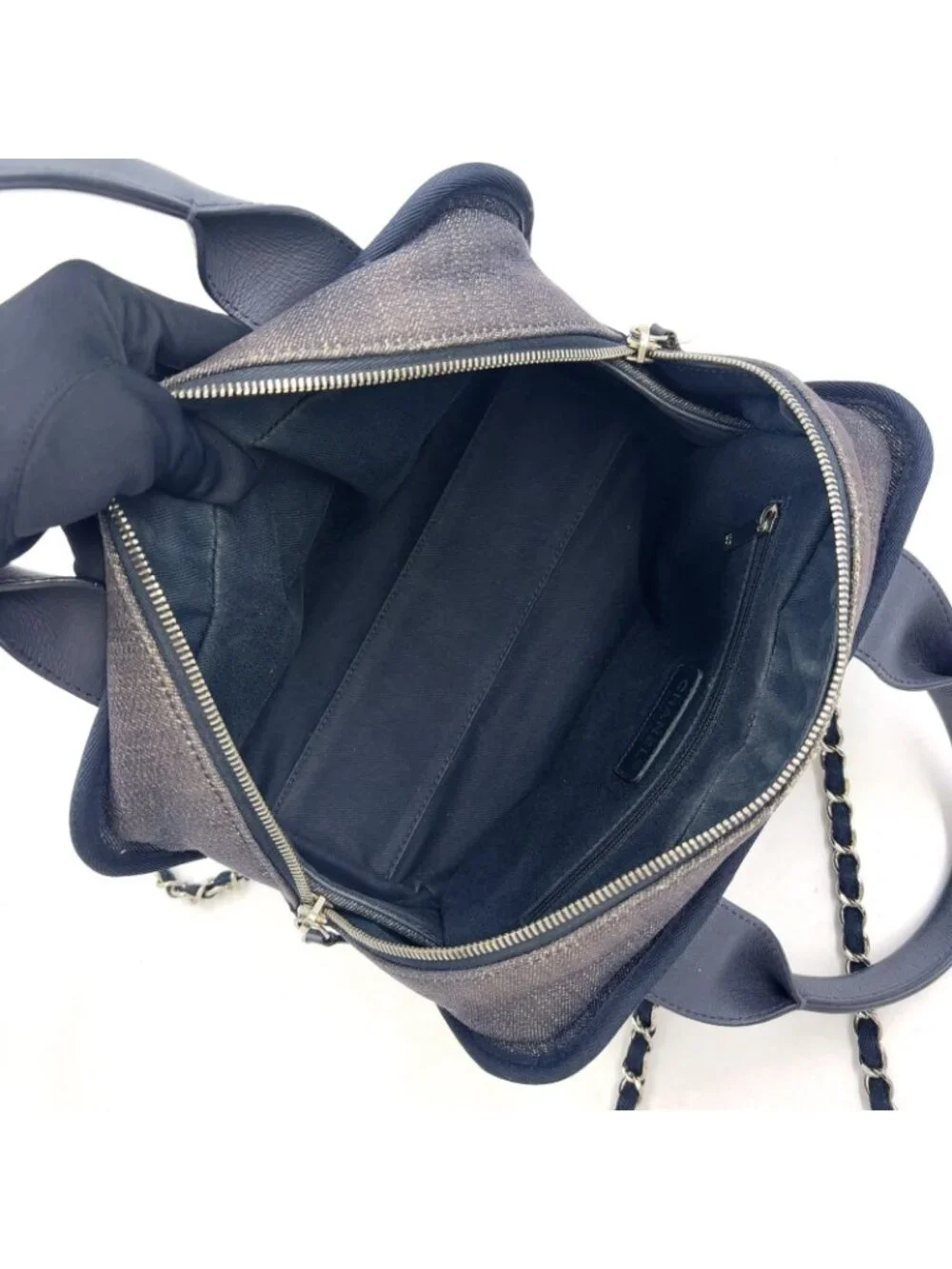 Chanel Deauville Line Bowling 2-Way Leather Denim Navy Blue Handbag Silver